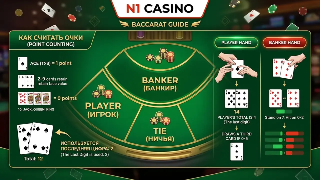 baccarat table layout with player, banker and tie zones