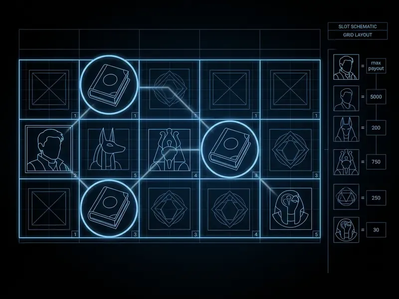 Book of Dead slot 5x3 grid layout with symbol payouts